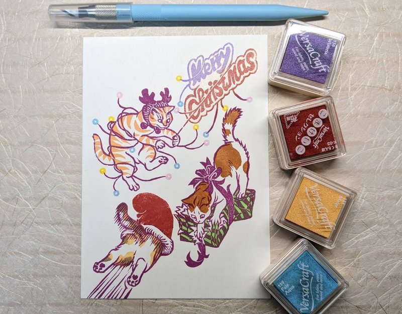 【耶诞猫咪疯派对】 手工印制明信片 Xmas Stamp print postcard - 卡片/明信片 - 纸 