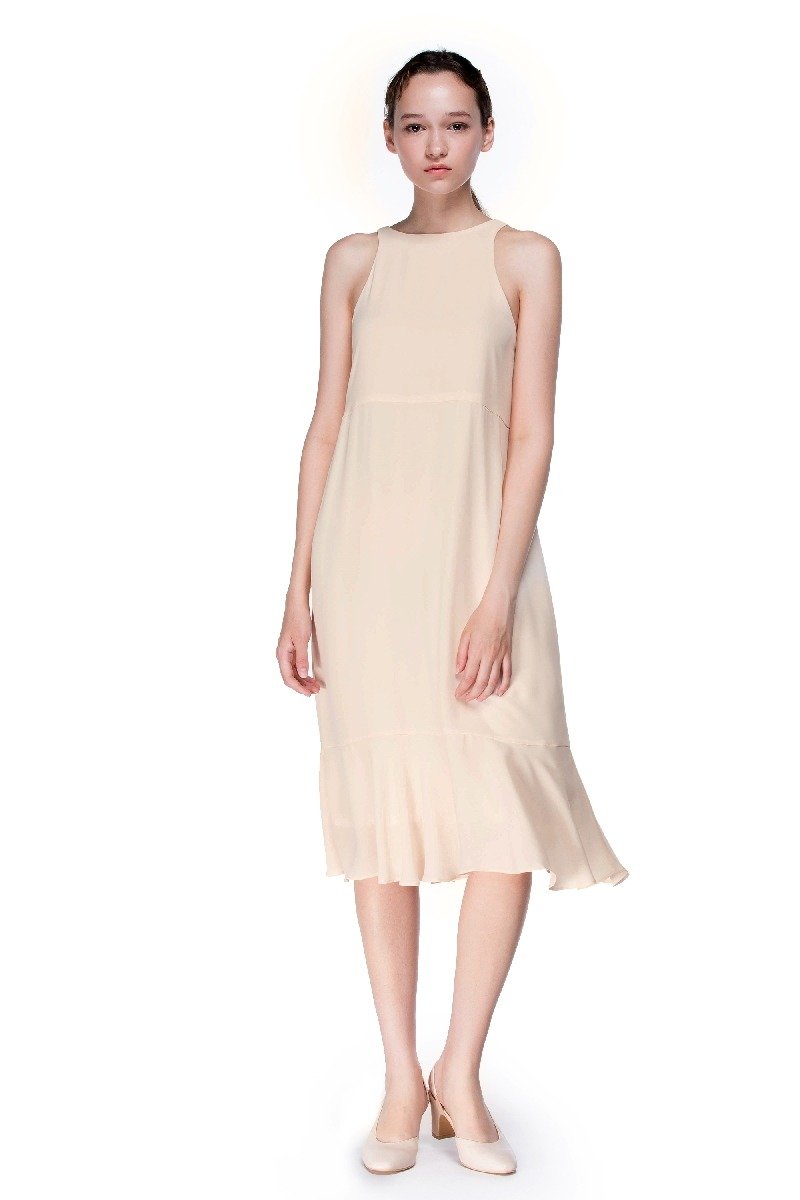 浅杏色小圆领荷叶边长裙 - 裙子 - 聚酯纤维 白色