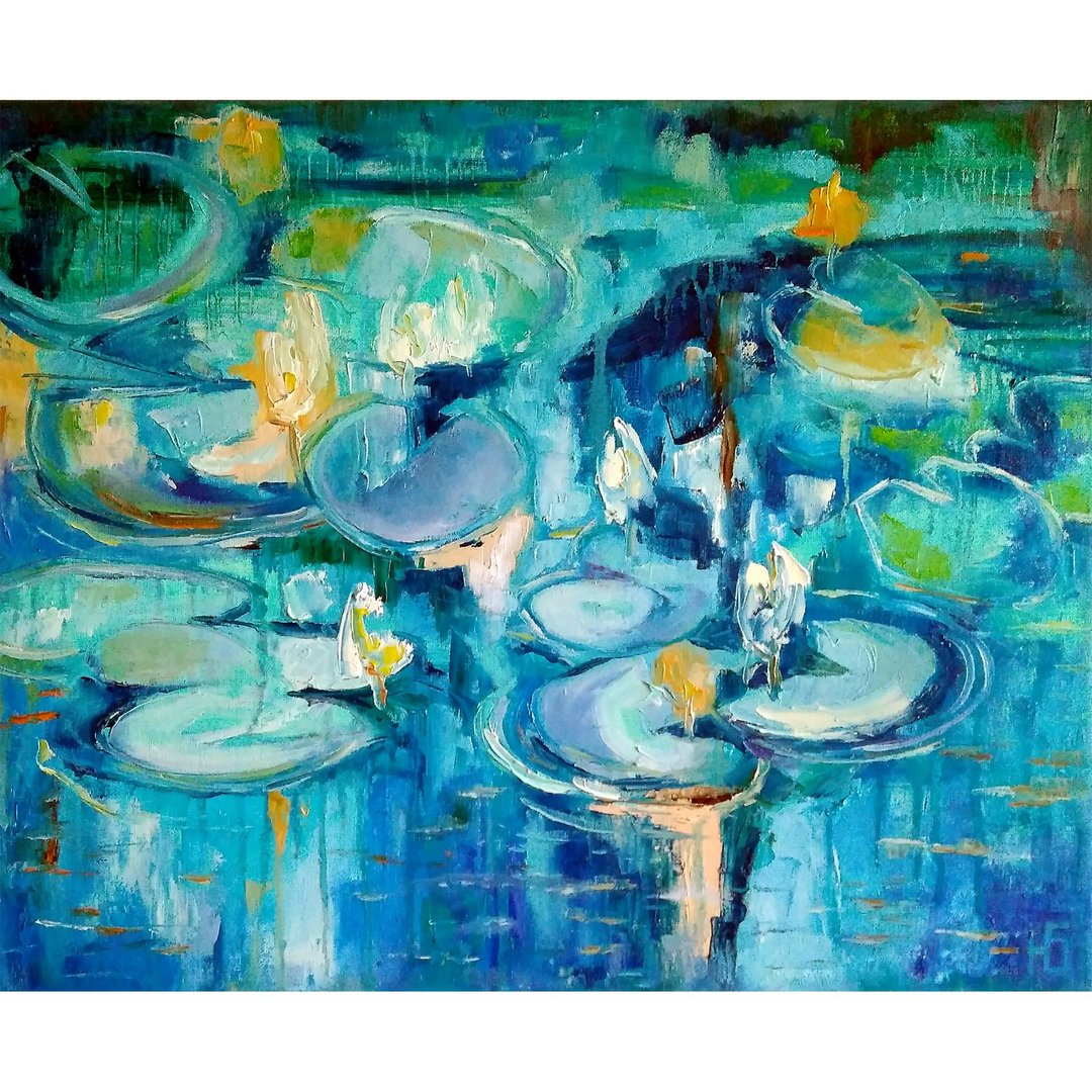 Pond Landscape Painting, Water Lily Original Art, Lotus Flower, Floral Wall Art - 海报/装饰画/版画 - 棉 多色