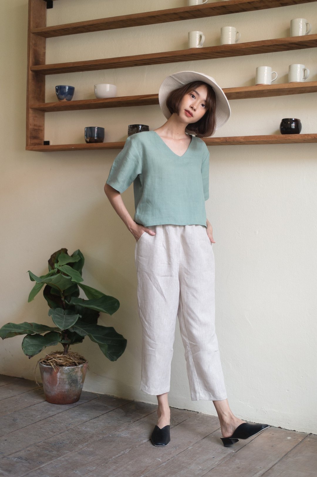 Linen Casual Pants - Natural beige - 女装长裤 - 棉 白色