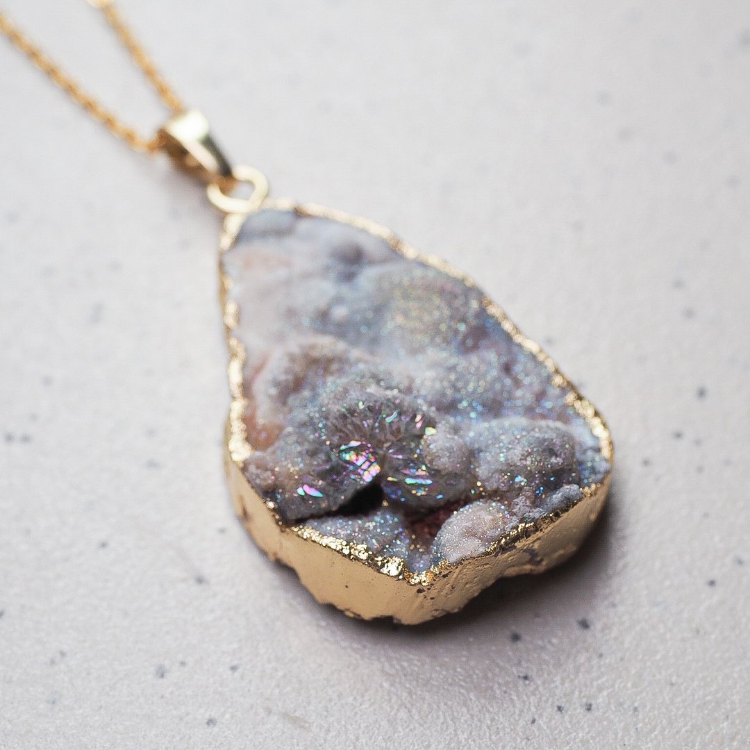 幻彩星球  灰玛瑙原矿石  长项链  毛衣链  Wood Tansy - 长链 - 宝石 银色