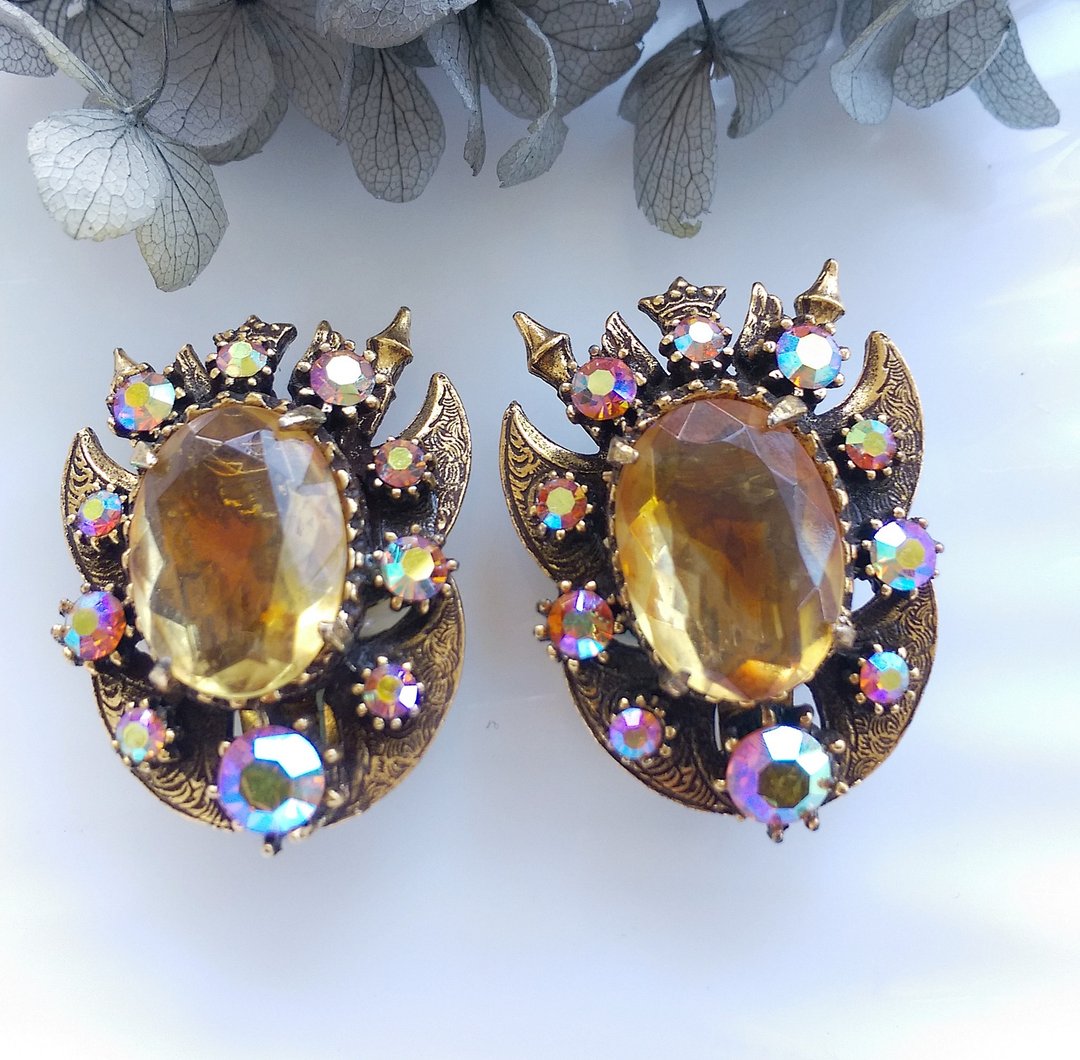 Vintage Jewelry 西洋古董饰品 FLORENZA 琥珀色调 夹式耳环 - 耳环/耳夹 - 其他金属 金色