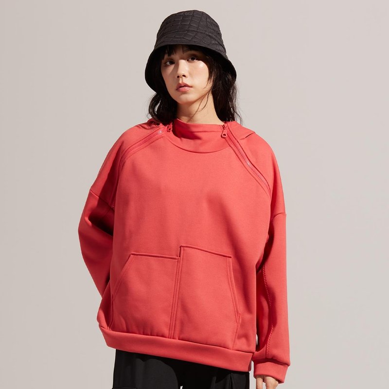 REBOOT动能-不对称口袋双拉链连帽上衣-矿物红 - 中性连帽卫衣/T 恤 - 聚酯纤维 红色