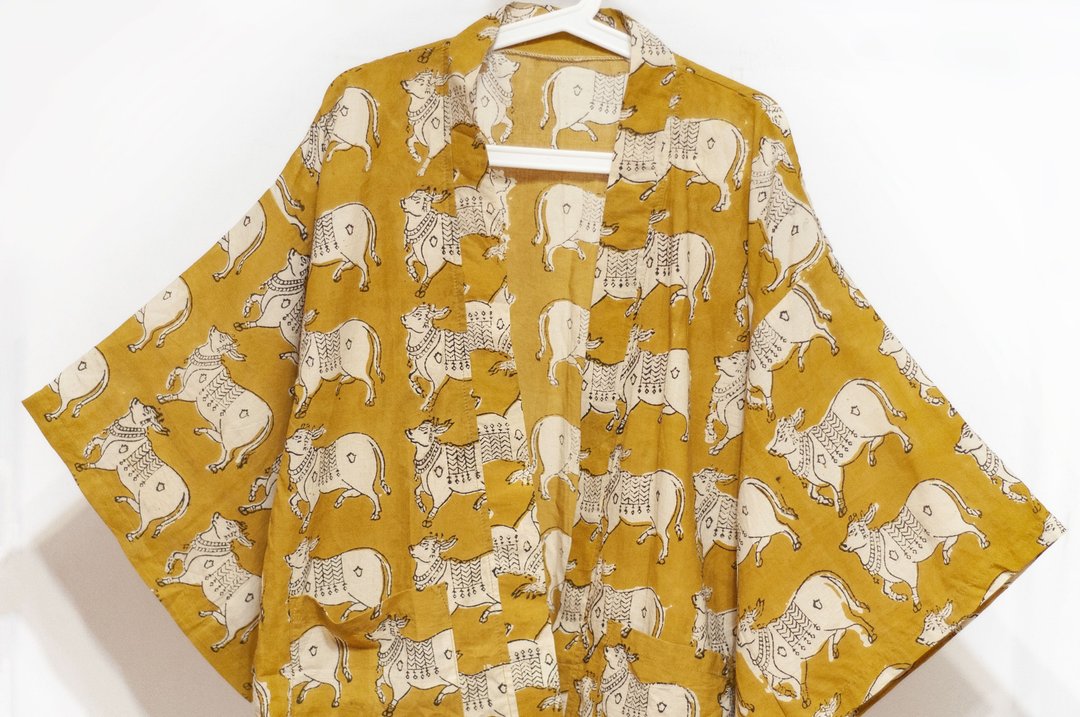 木刻印纯棉和服外套 印度棉日式和服衬衫 手工盖印棉上衣-南迪牛 - 女装休闲/机能外套 - 棉 多色