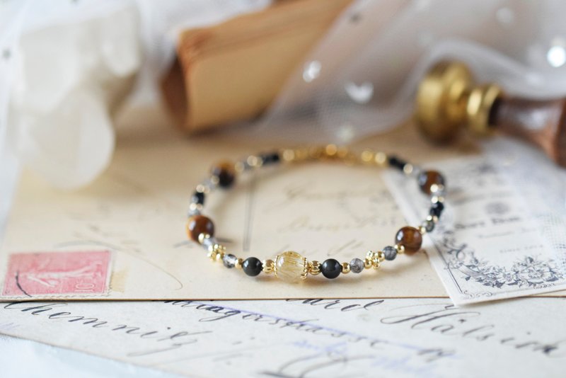 寥寥。金发晶 虎眼石 黑发晶 黑曜石 14K 天然石水晶 手链 - 手链/手环 - 水晶 黑色