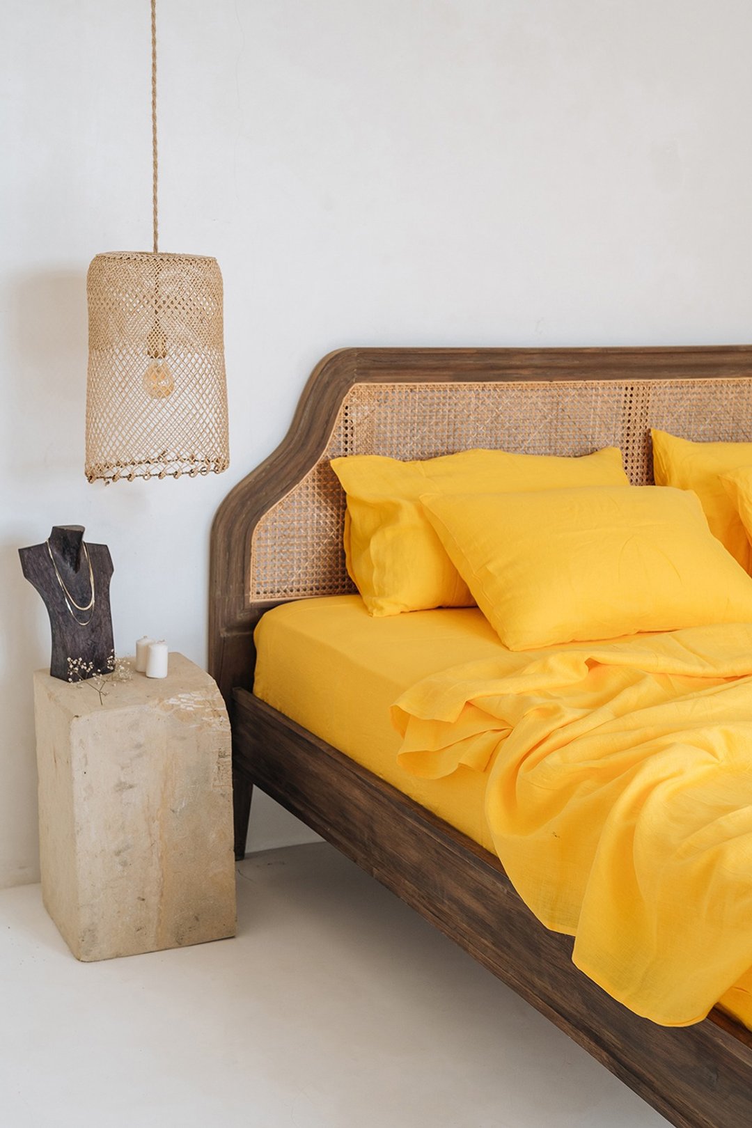 Bright yellow linen sheet set / Flat+fitted sheet+2 pillowcases / Yellow bedding - 寝具 - 亚麻 黄色