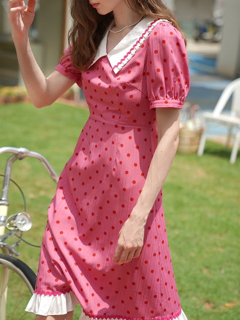 MintCheese 奶油莓果 复古法式翻领玫红波点连衣裙女夏 - 洋装/连衣裙 - 聚酯纤维 粉红色