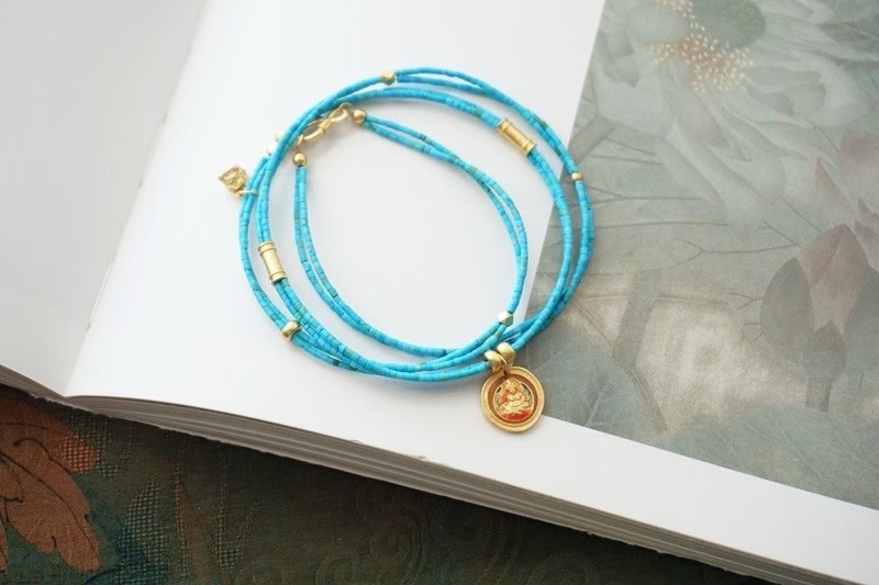 天然绿松石项链手链两用款蓝松石1mm极细管珠搭配925银黄财神招财 - 手链/手环 - 水晶 