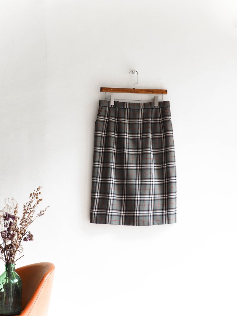 河水山 - 福井墨灰绿格纹恋爱日志 羊质毛呢古董直筒裙 日本高校生 古着 dress vintage - 裙子 - 羊毛 绿色