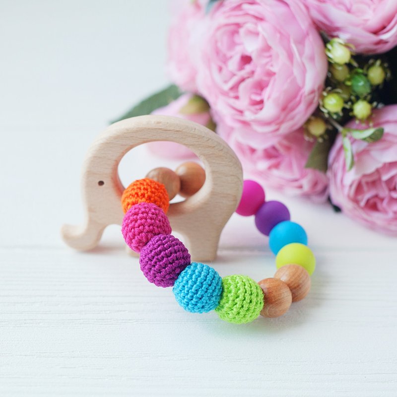 Bright Rainbow Baby Rattle Teether with Wooden Elefant - Teething Ring Toy - 满月礼盒 - 木头 