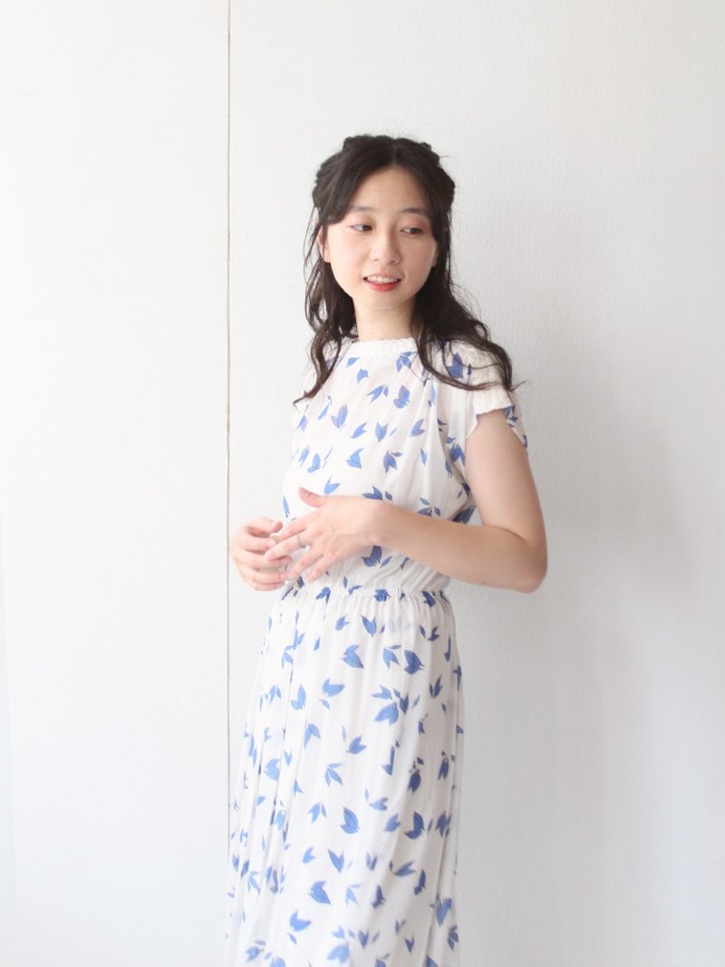 夏日本制日系复古剪裁叶子印花细致雪纺短袖白色古着洋装 - 洋装/连衣裙 - 聚酯纤维 白色