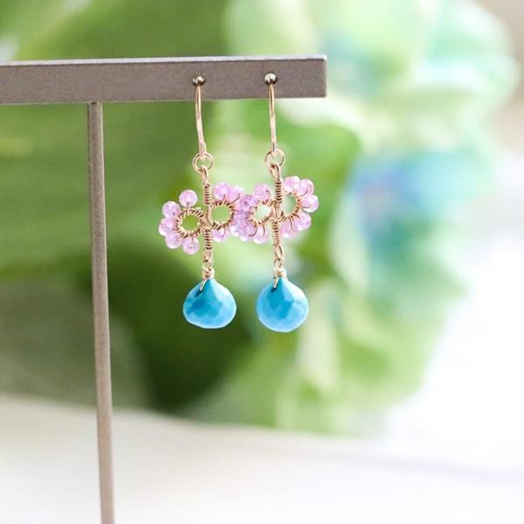 Original Turquoise and Pink Sapphire Flower Branch Pierced Earrings September Dec Birthstone - 耳环/耳夹 - 宝石 蓝色