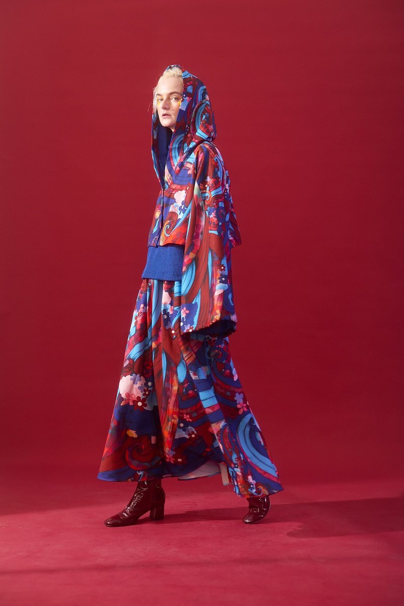 蓝红线条图案喇叭袖连帽外套 - 男装外套 - 聚酯纤维 蓝色