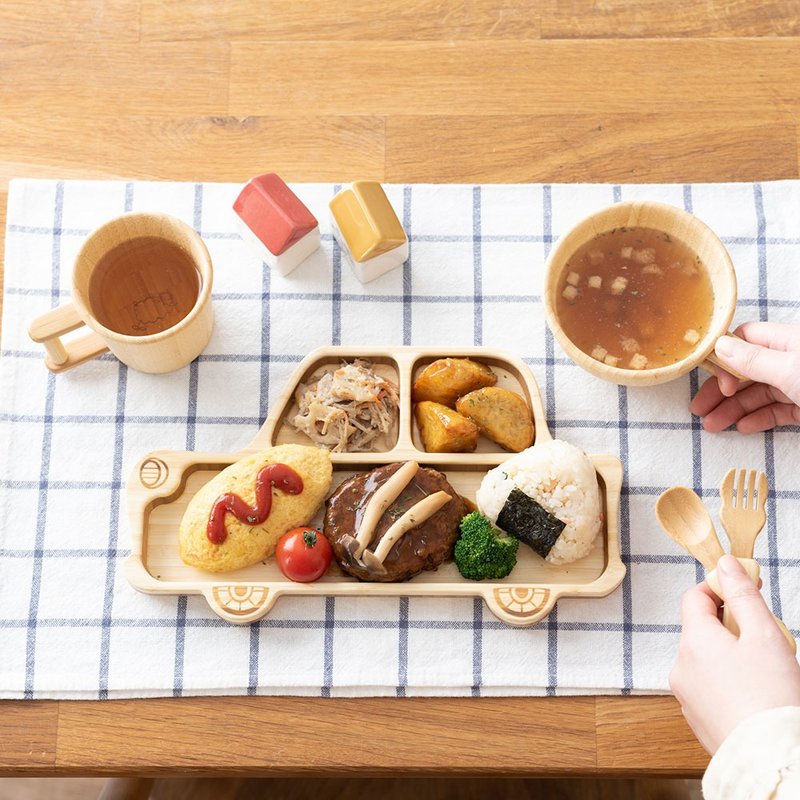 【agney】日本孟宗竹餐盘组- 车车(附S汤叉) - 儿童餐具/餐盘 - 竹 橘色