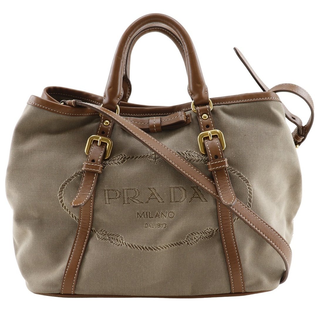 【日本直送】PRADA 普拉达 Logo 帆布 x 皮革 两用手提包 BN1841 米色 女款【二手】 - 手提包/手提袋 - 棉 咖啡色