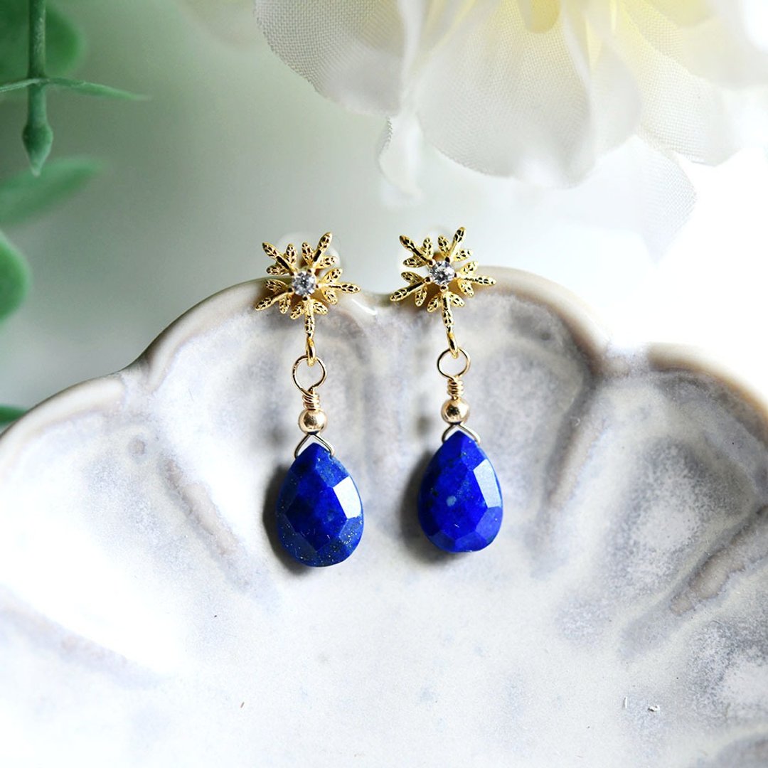 Good Luck Success Luck UP Lapis Lazuli and Snowflake Clip-On December Birthstone - 耳环/耳夹 - 宝石 蓝色