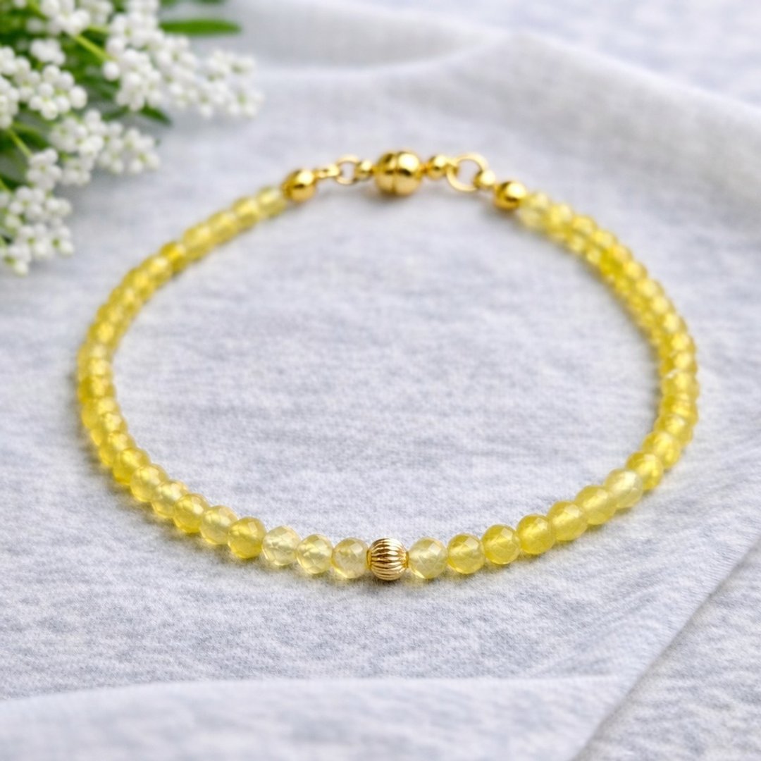 【日本制】蜂蜜黄 黄玉髓极细 3mm 手链 16cm 14KGF 中央珠粒 医疗级不锈钢 磁吸式 轻松配戴 - 手链/手环 - 宝石 黄色