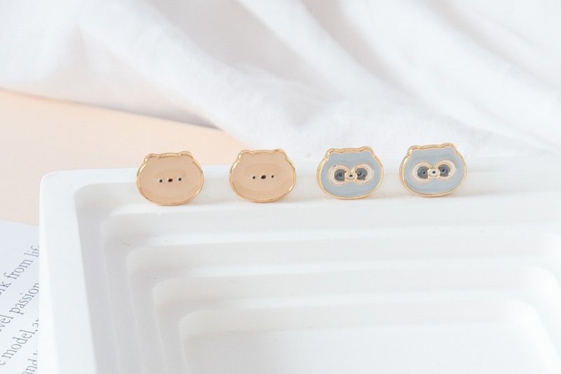 河狸胖西 浣熊困困 低敏钢针 夹式耳环 勾式耳环 生日礼物 - 耳环/耳夹 - 珐琅 咖啡色