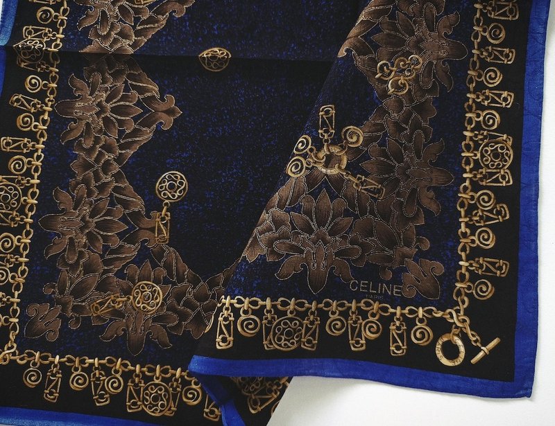 Celine 古董手帕 装饰花卉 - 珠宝图纹 20 x 20 英寸 - 手帕/方巾 - 棉．麻 蓝色