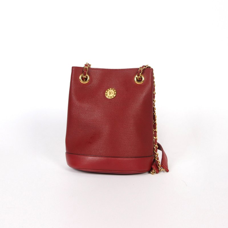 【蛋植物古着】复古金链肩背水桶古董包 - 侧背包/斜挎包 - 真皮 红色