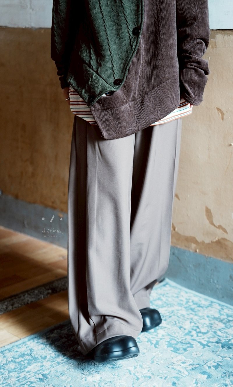 剪裁裤口有扣西装宽落地裤 - 2色 - 扣扣咖 - 女装长裤 - 聚酯纤维 咖啡色