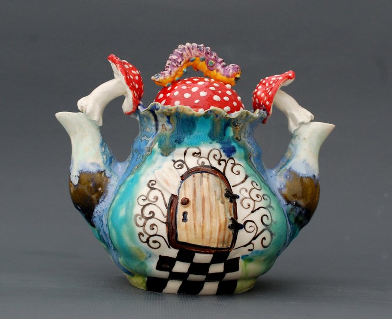 Two spout art teapot Alice Wonderland Double teapot Mushrooms Fairytale door - 茶具/茶杯 - 陶 多色