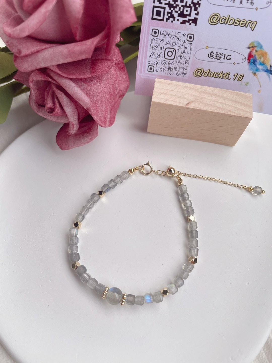 艾莉手作//水晶石小方块拉长石14k镀金不易过敏可结调式手链 优惠 - 手链/手环 - 其他金属 