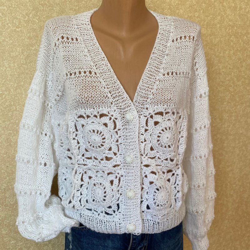 白色钩针婚礼开衫羊毛马海毛新娘夹克针织毛衣纽扣 - 女装休闲/机能外套 - 羊毛 白色