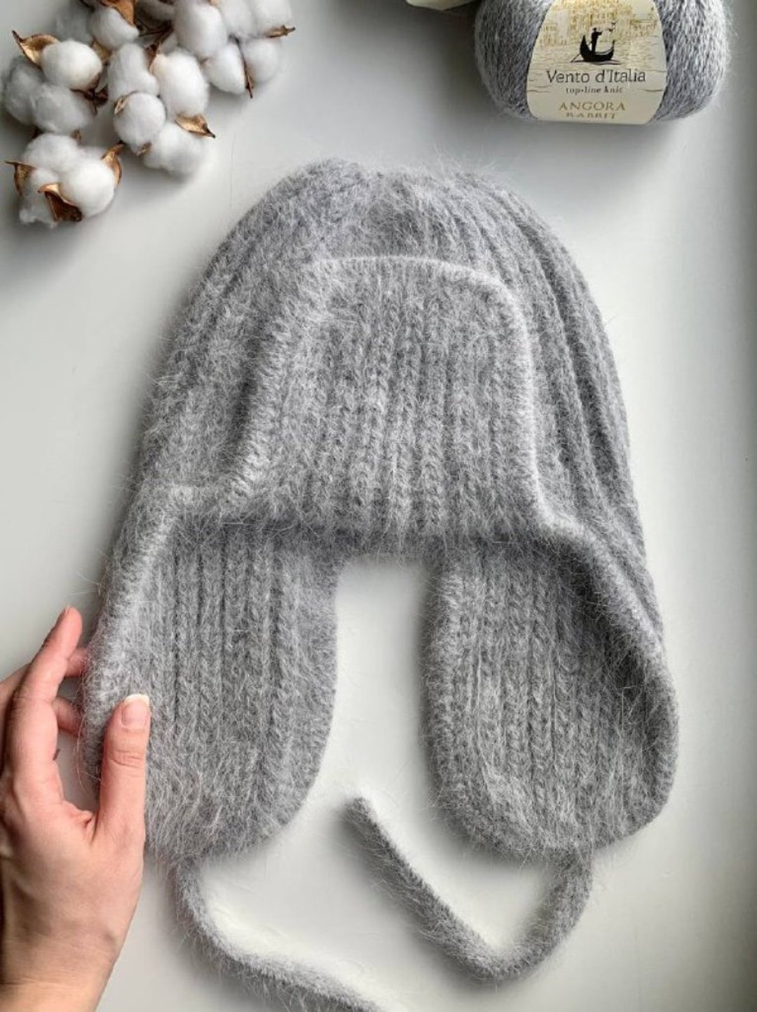 Gray Warm Earflaps Hat &amp; Mittens Set, Hand-knitted Winter angora Hat and Mittens - 帽子 - 羊毛 灰色