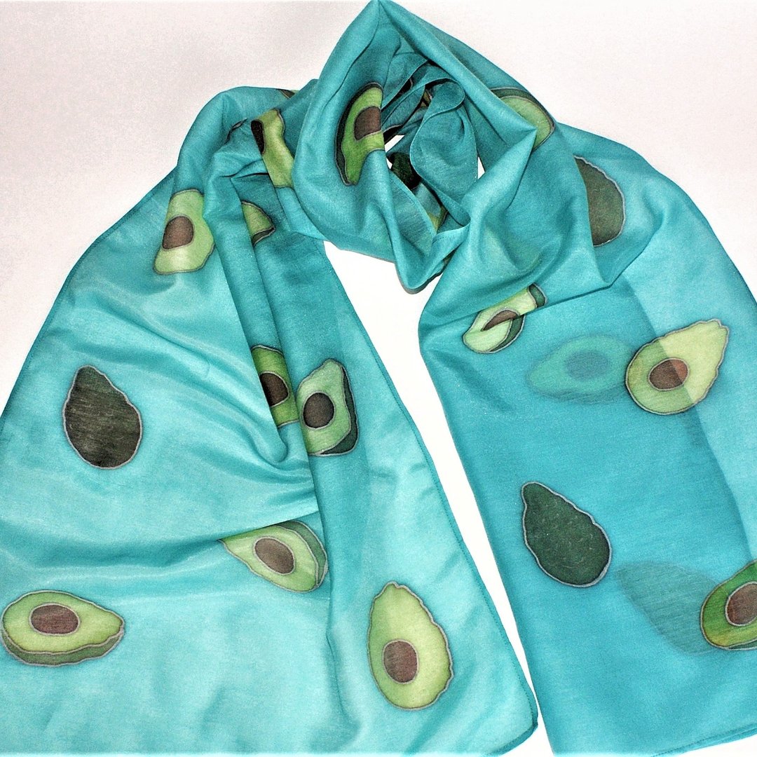 Hand painted scarf Turquoise and green scarf Cotton and silk scarf - 丝巾 - 丝．绢 蓝色