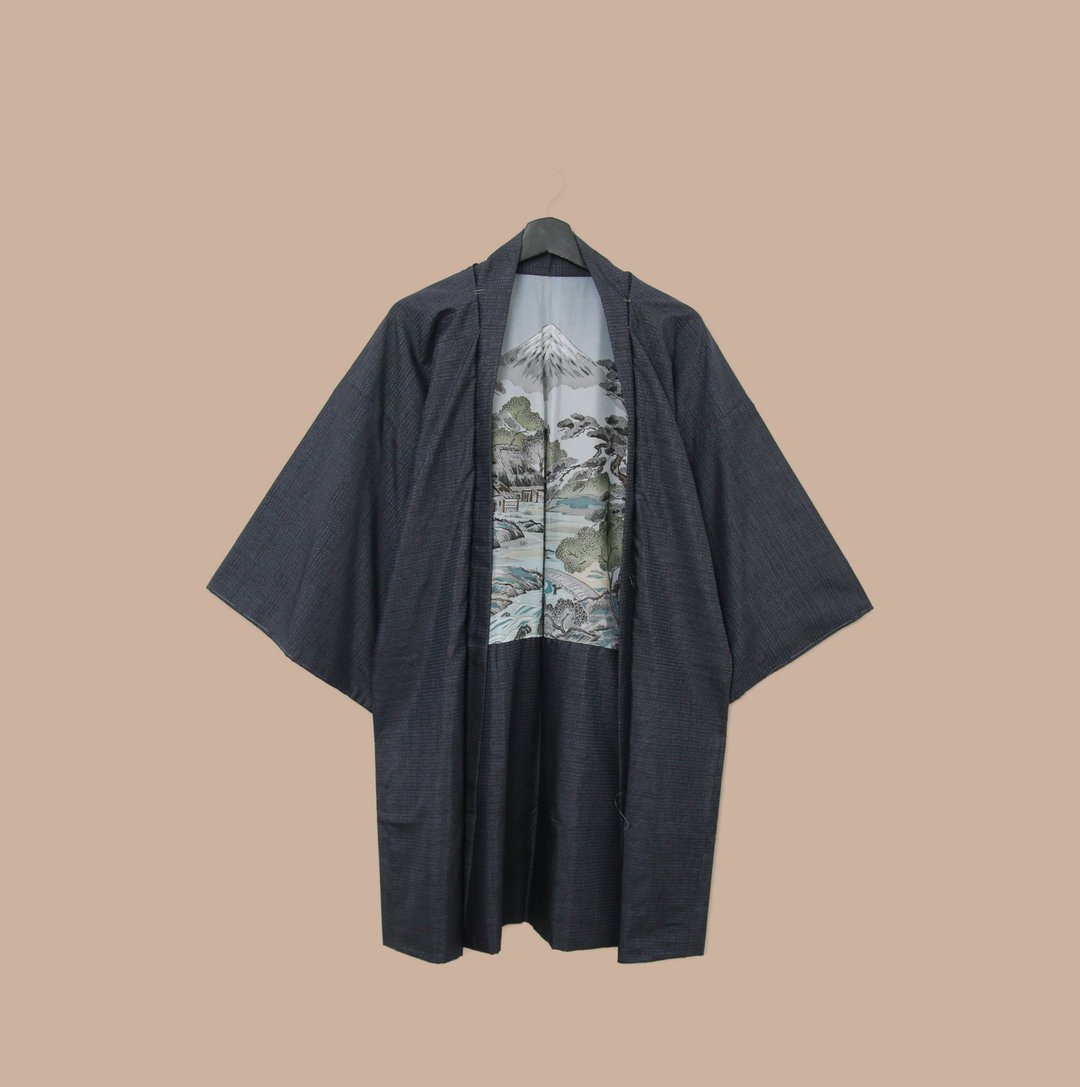 Back to Green-日本带回羽织 河川房屋与松M-24/vintage kimono - 女装休闲/机能外套 - 丝．绢 