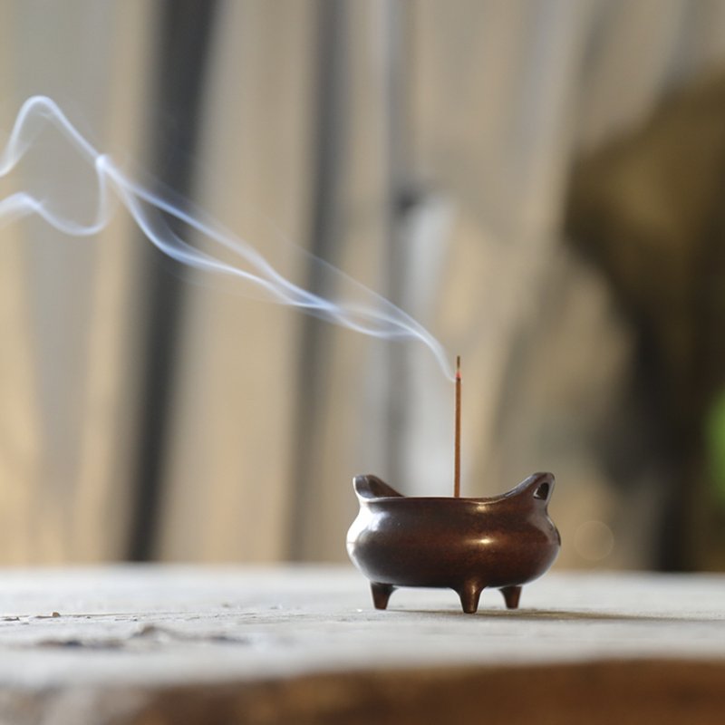 黄铜烧蓝棕染三足双耳香炉, 香座, 香盘, 线香香插香炉 - 香薰/精油/线香 - 铜/黄铜 