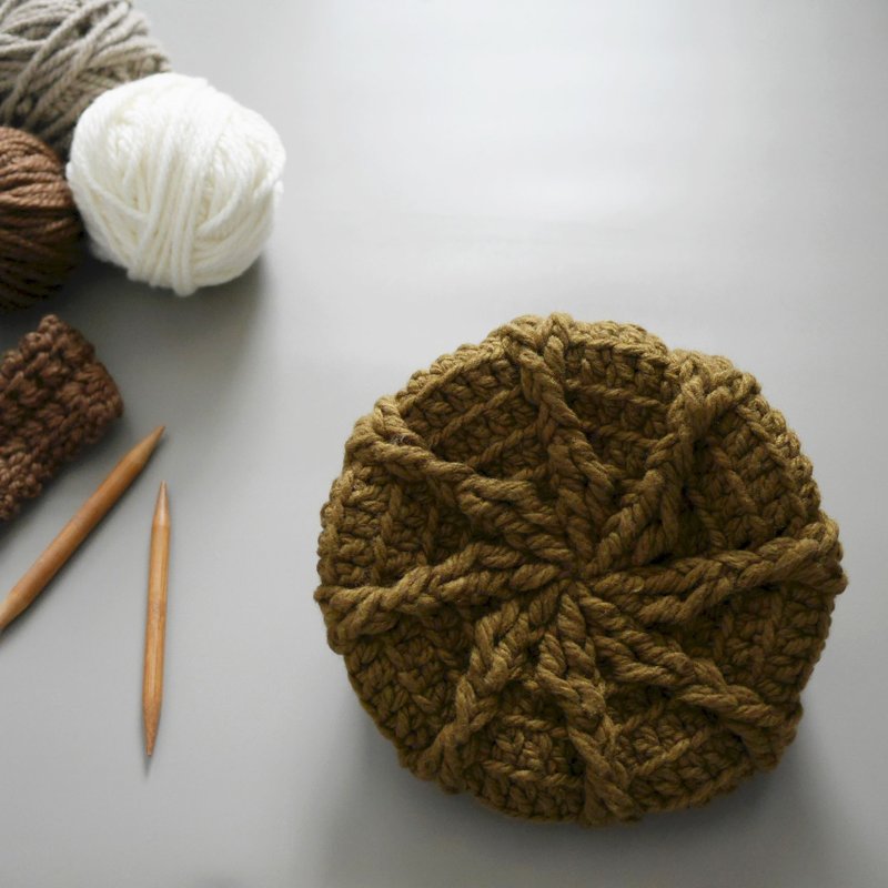 雪花粗针针织毛线报童帽--橄榄绿 - 帽子 - 羊毛 绿色