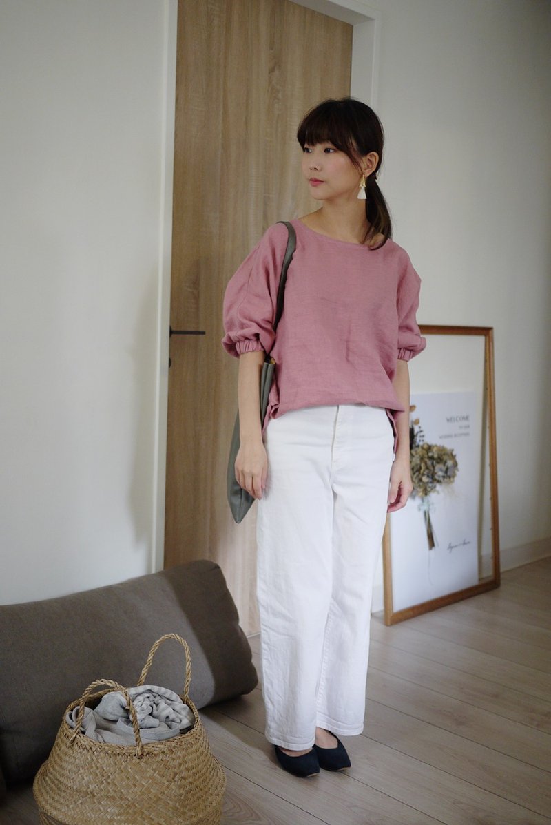 亚麻二穿杜尔曼袖缩口罩衫 可选色  接单制作 - 女装上衣 - 棉．麻 粉红色