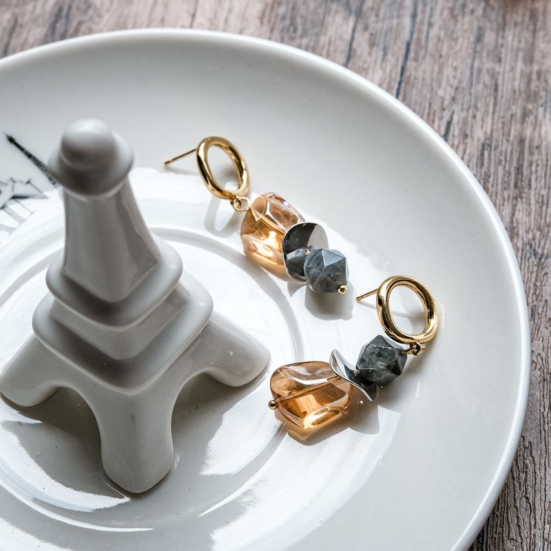 La Lune 原创设计天然水晶耳环 复刻色调 Retro 拉长石 - 耳环/耳夹 - 水晶 咖啡色