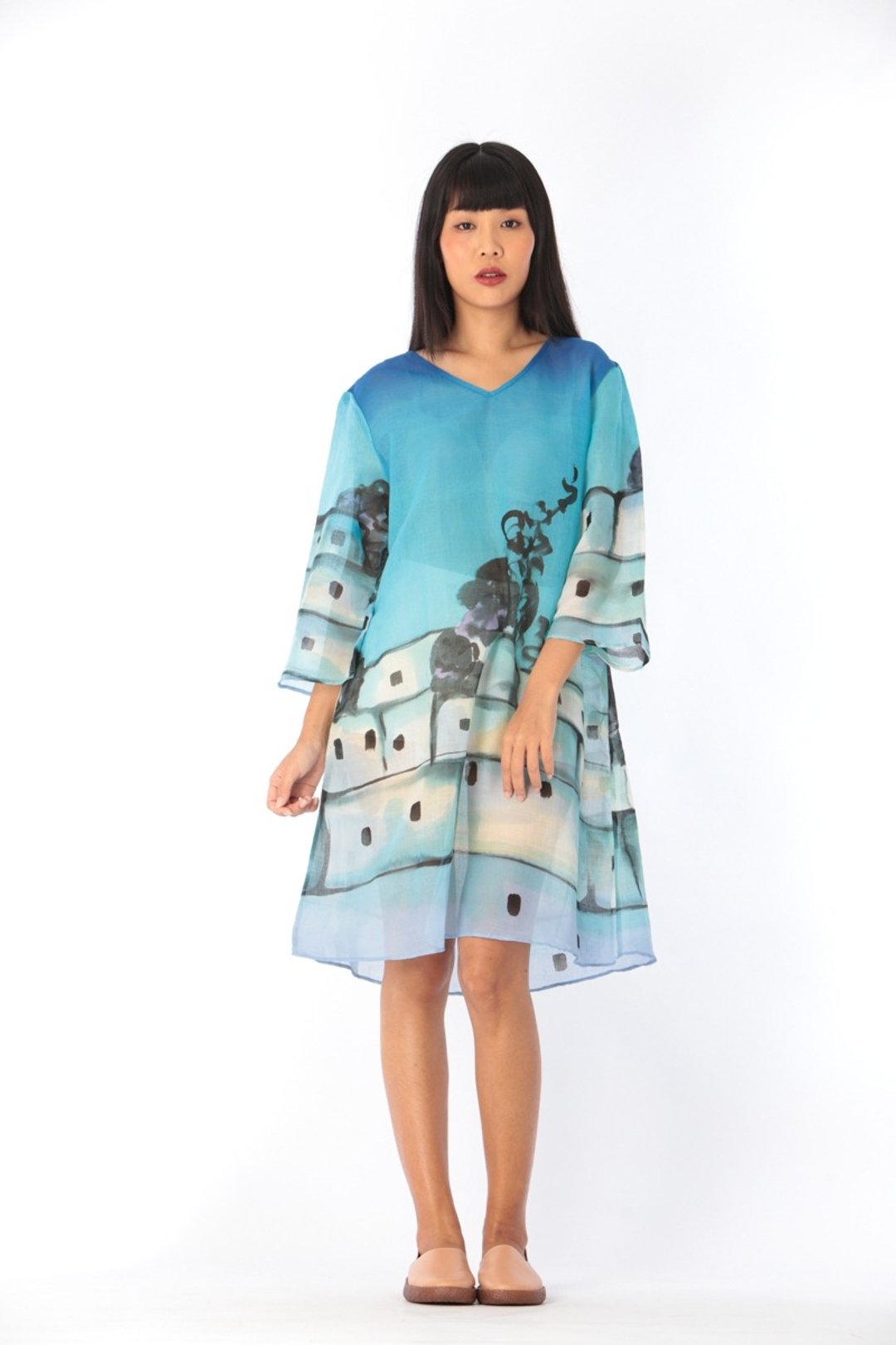 Hand Painted Short Dress - 洋装/连衣裙 - 棉 蓝色