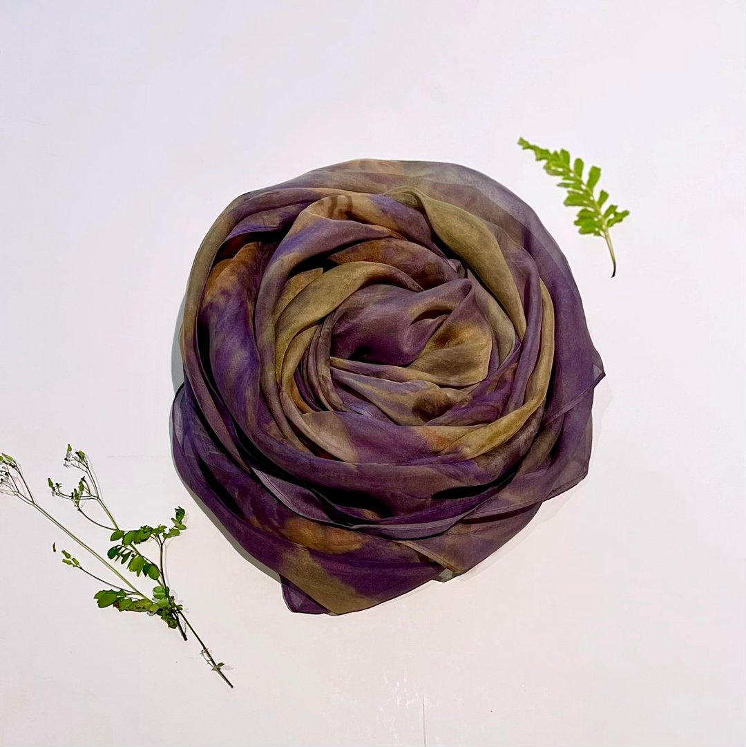 花叶移印染长丝巾 - 蓖蕨 - 丝巾 - 丝．绢 紫色