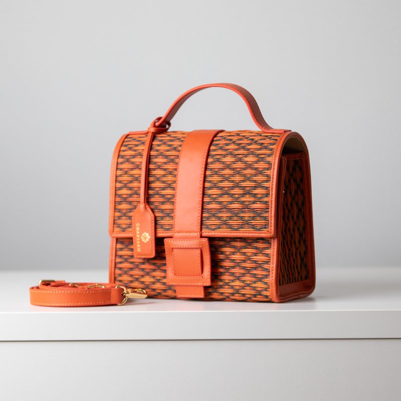 Woven Straw Summer Crossbody Bag in Orange and Green Color - 手提包/手提袋 - 真皮 橘色