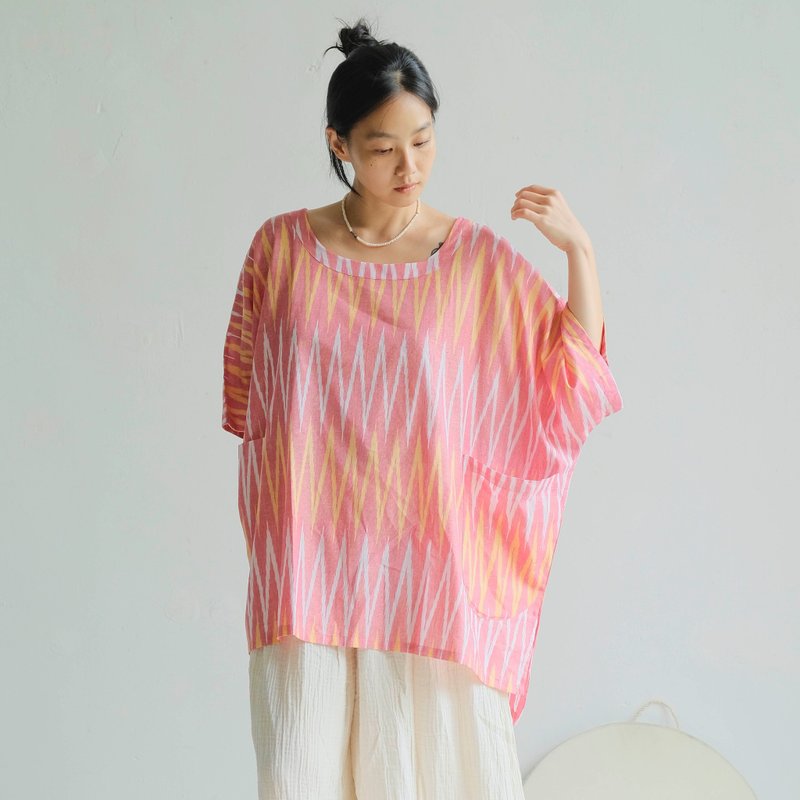 OMAKE 宽版大口袋上衣 / Ikat 甜橙蜜桃 - 女装上衣 - 棉．麻 橘色