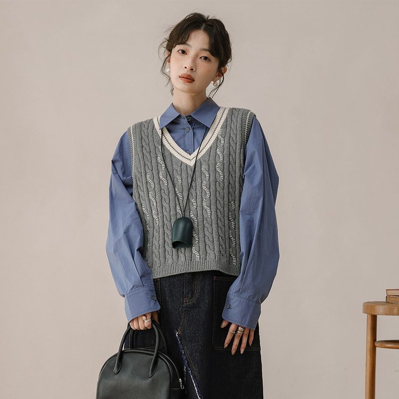 学院风V领拼色针织背心|马甲|两色|春款|Sora-1147 - 男装背心 - 棉．麻 多色