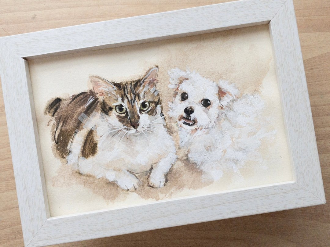 【画你的狗狗猫猫】率性风格的肖像水彩插画 (2 只) 定制画像 - 订制画像 - 纸 