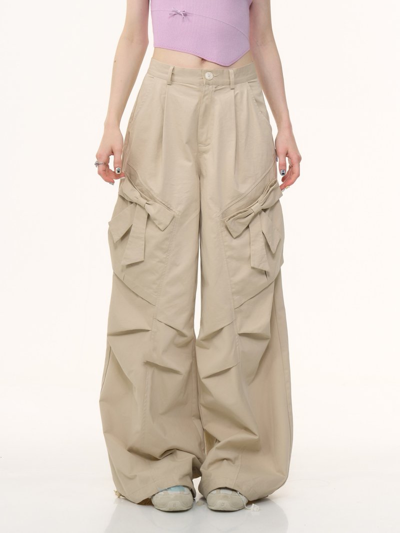 ziziFei夏新款美式复古高腰显瘦蝴蝶结卡其色直筒阔腿休闲长裤女 - 女装长裤 - 其他材质 卡其色