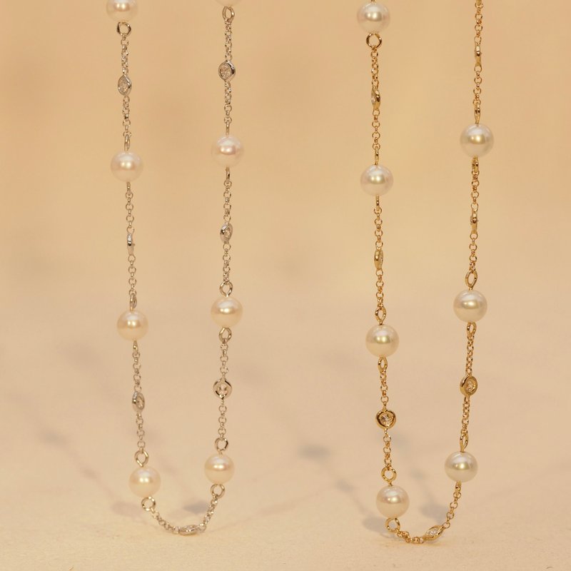 18K金珍珠镶钻项链 18K Gold Pearl and Bezel Diamond Necklace - 项链 - 贵金属 