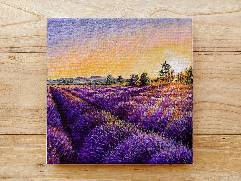 【薰衣草日落】丙烯风景画原作 | 浪漫紫色花海 | 书卧房花卉挂画 - 海报/装饰画/版画 - 棉．麻 