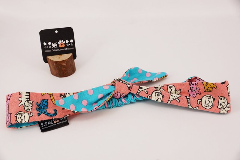 奴才装萌-猫咪撞点点系列-双色发带(桃红猫咪印花+碧蓝粉点) - 发饰 - 棉．麻 