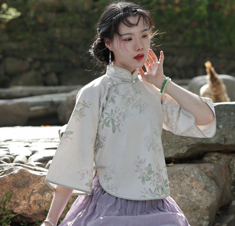 【风薰日暖】民国复古风 印花纯棉倒大袖上衣/苎麻半身裙 - 女装上衣 - 棉．麻 多色