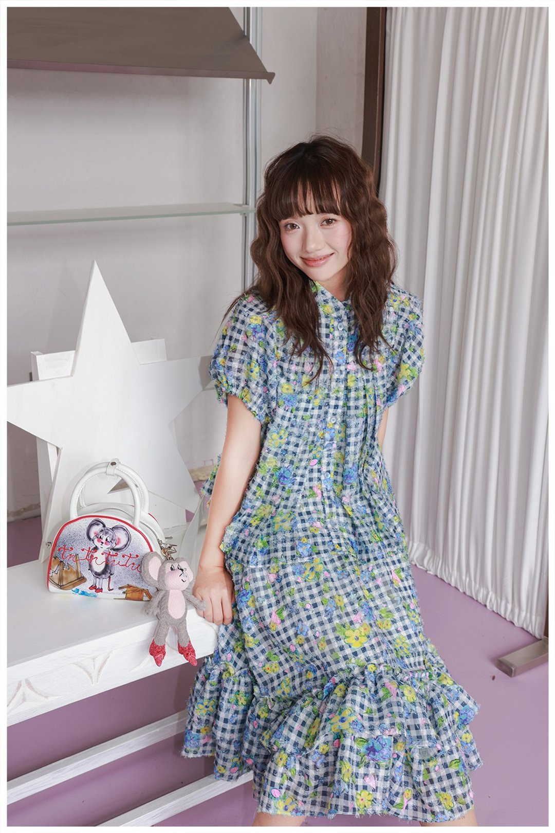 黑白格纹碎花印花套装衬衣 - 女装上衣 - 其他材质 多色