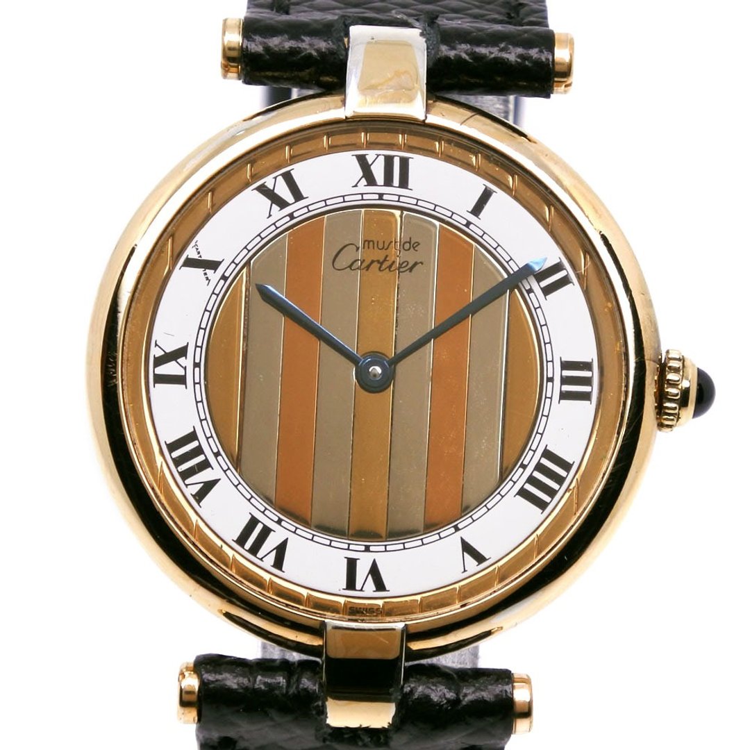【日本直送】卡地亚 CARTIER Must 21 腕表 LM 590003 石英机芯 925纯银 x 压纹皮革 Trinity 表盘 白色 男款【二手】 - 女表 - 银 金色