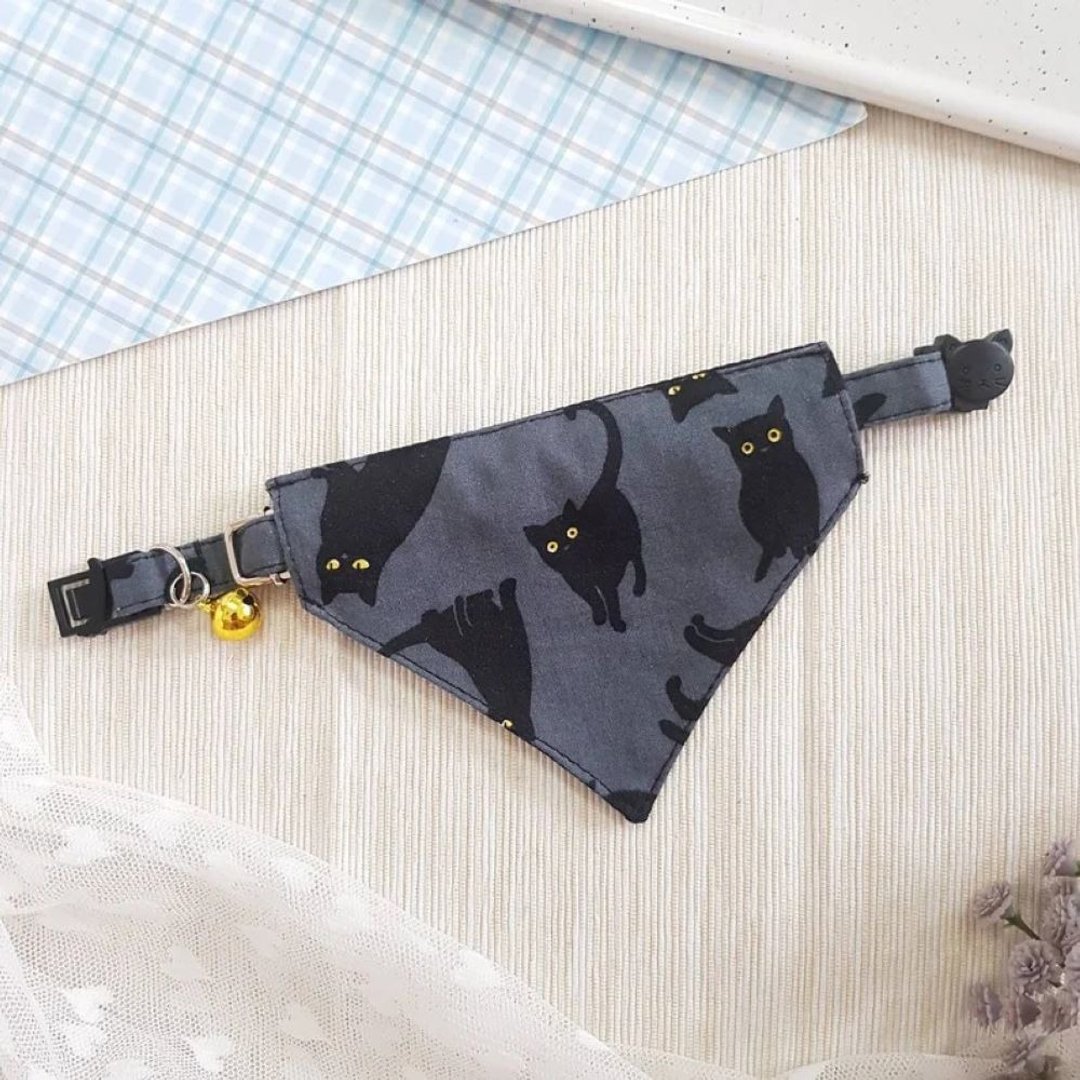 Black cat style Bandana Cat Collar with Breakaway Safety Buckle for cat and dog - 项圈/牵绳 - 棉 黑色