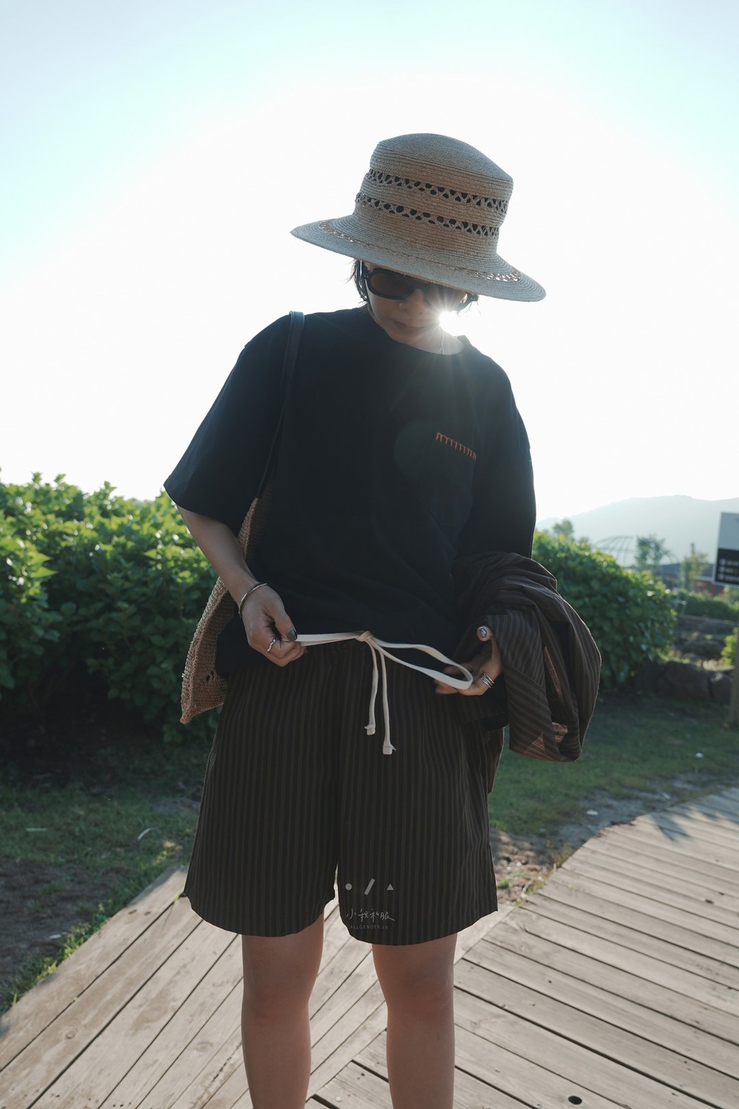 口袋缝线挺料宽松 TEE - 2 色 - 黑橘 - 女装 T 恤 - 棉 黑色